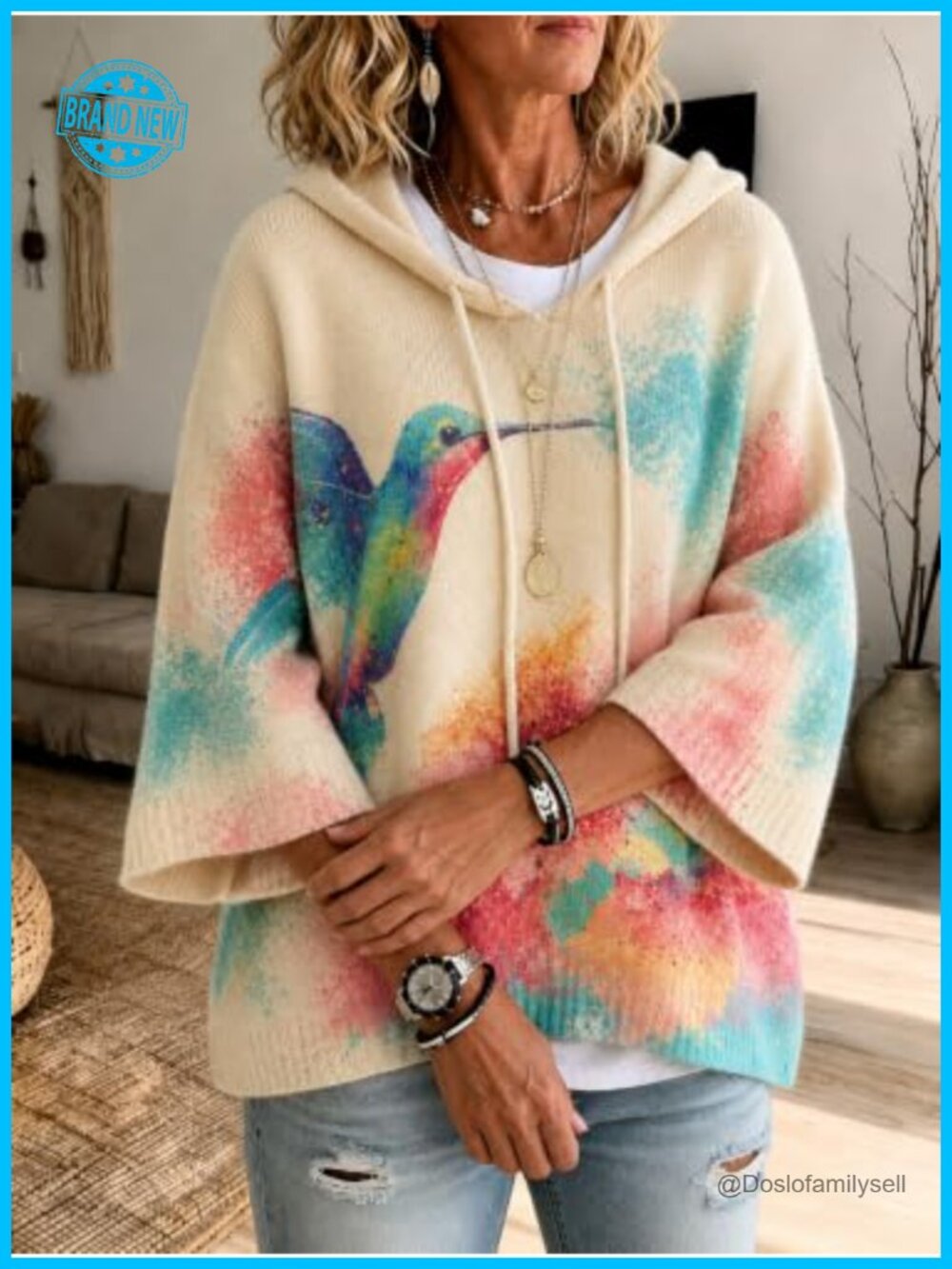 Watercolor Hummingbird Floral Print Hooded Knit Sweater Drawstring Batwing